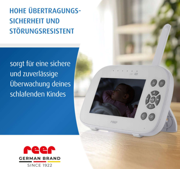 Extra großes 4,3 Zoll TFT-Farbdisplay der Reer BabyCam XL Move Elterneinheit mit übersichtlichen Navigationstasten und Status-LEDs.